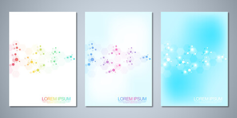Templates brochure or cover book, page layout, flyer design with abstract background of molecular structures and DNA strand. Concept and idea for innovation technology, medical research, science.