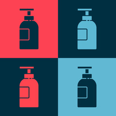 Pop art Hand sanitizer bottle icon isolated on color background. Disinfection concept. Washing gel. Alcohol bottle for hygiene. Vector Illustration.