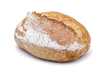 Crusty loaf of sourdough bread on white background. Artisan bread or traditional rustic bread isolated on white background.