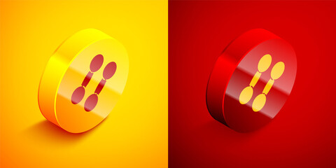 Isometric Dumbbell icon isolated on orange and red background. Muscle lifting icon, fitness barbell, gym, sports equipment, exercise bumbbell. Circle button. Vector Illustration.