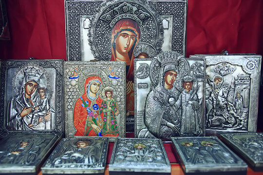 Kalambaka, Greece - September 17, 2019: Orthodox icons in a church shop, church faith concept