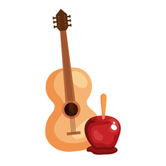 delicious candy apple with classical wooden guitar on white background vector illustration design