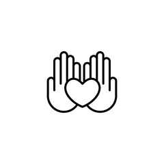 Charity and donation icon, logotype, badge. Hands holding heart. Friendship, Generous, volunteer center, fundraising event, organization with text place. Vector outline icon