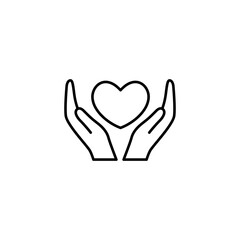 Obraz premium Charity and donation icon, logotype, badge. Hands holding heart. Friendship, Generous, volunteer center, fundraising event, organization with text place. Vector outline icon