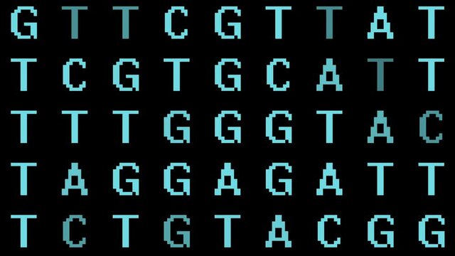 Bioinformatics Genetic DNA Code AGTC into Computer Code - DNA Genome Sequencing Letters Fade to 1s and 0s