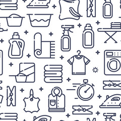 Seamless pattern with outline icons of clothes, towels, cleanig chenistry. Background for laundry, dry cleaning.