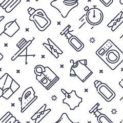 Seamless pattern with outline icons of clothes, towels, cleanig chenistry. Background for laundry, dry cleaning.