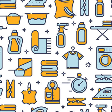 Seamless pattern with outline icons of clothes, towels, cleanig chenistry. Background for laundry, dry cleaning.