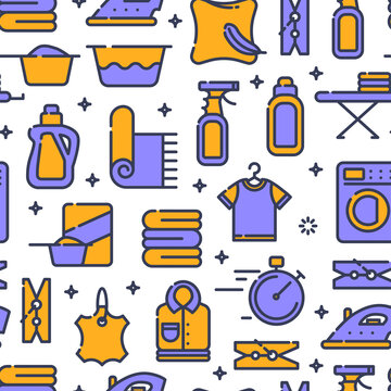 Seamless pattern with outline icons of clothes, towels, cleanig chenistry. Background for laundry, dry cleaning.