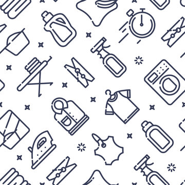 Seamless pattern with outline icons of clothes, towels, cleanig chenistry. Background for laundry, dry cleaning.