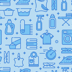 Seamless pattern with outline icons of clothes, towels, cleanig chenistry. Background for laundry, dry cleaning.