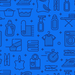 Seamless pattern with outline icons of clothes, towels, cleanig chenistry. Background for laundry, dry cleaning.