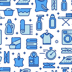 Seamless pattern with outline icons of clothes, towels, cleanig chenistry. Background for laundry, dry cleaning.