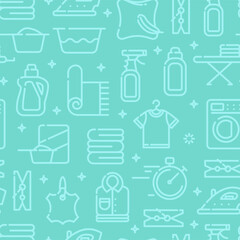 Seamless pattern with outline icons of clothes, towels, cleanig chenistry. Background for laundry, dry cleaning.