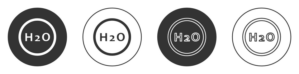 Black Chemical formula for water drops H2O shaped icon isolated on white background. Circle button. Vector Illustration.
