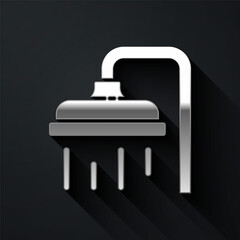 Silver Shower head with water drops flowing icon isolated on black background. Long shadow style. Vector Illustration.