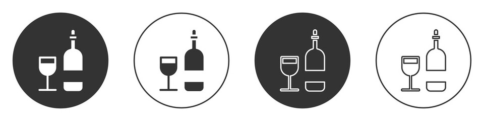 Black Wine bottle with glass icon isolated on white background. Circle button. Vector Illustration.