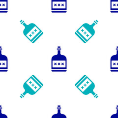 Blue Alcohol drink Rum bottle icon isolated seamless pattern on white background. Vector Illustration.