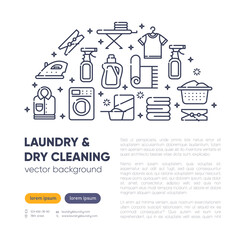 Obraz premium Dry cleaning concept with outline icons for laundry, dry cleaning, housekeeping services. Flat vector design. Modern graphic design. Home appliance. House laundry. Laundry detergent. Copy text space.