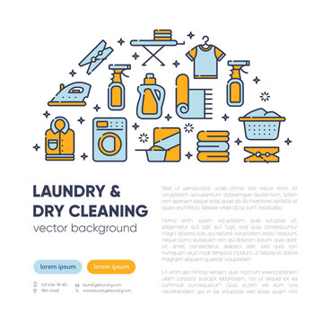 Dry cleaning concept with outline icons for laundry, dry cleaning, housekeeping services. Flat vector design. Modern graphic design. Home appliance. House laundry. Laundry detergent. Copy text space.