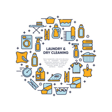Dry cleaning concept with outline icons for laundry, dry cleaning, housekeeping services. Flat vector design. Modern graphic design. Home appliance. House laundry. Laundry detergent.