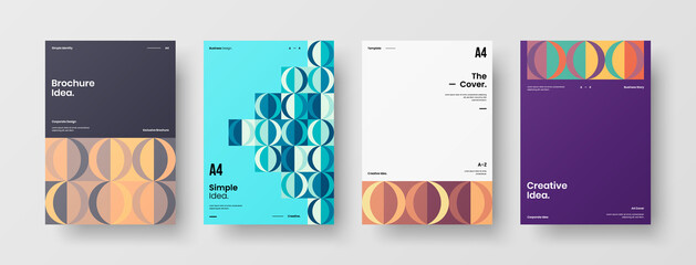 Fototapeta premium Company identity brochure template collection. Business presentation vector A4 vertical orientation front page mock up set. Corporate report cover abstract geometric illustration design layout bundle.