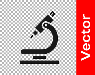 Black Microscope icon isolated on transparent background. Chemistry, pharmaceutical instrument, microbiology magnifying tool. Vector Illustration.