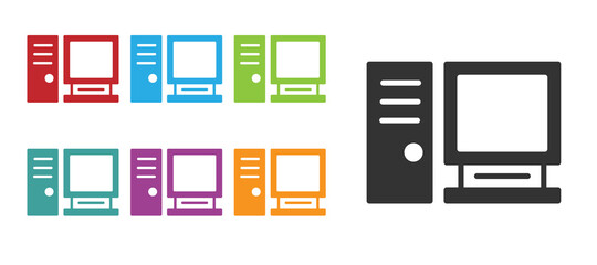 Black Computer monitor icon isolated on white background. PC component sign. Set icons colorful. Vector Illustration.