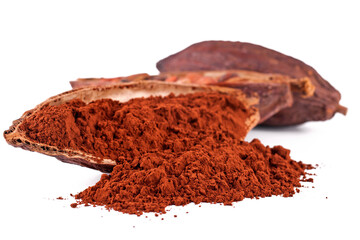 Cocoa pods with cocoa beans and cacao powder isolated on a white background.