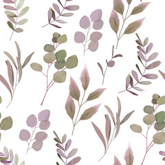Greenery seamless pattern with eucalyptus branch,  leaves, herb for wedding card, fabric, textile, wrapping. Vector illustration. Watercolor style