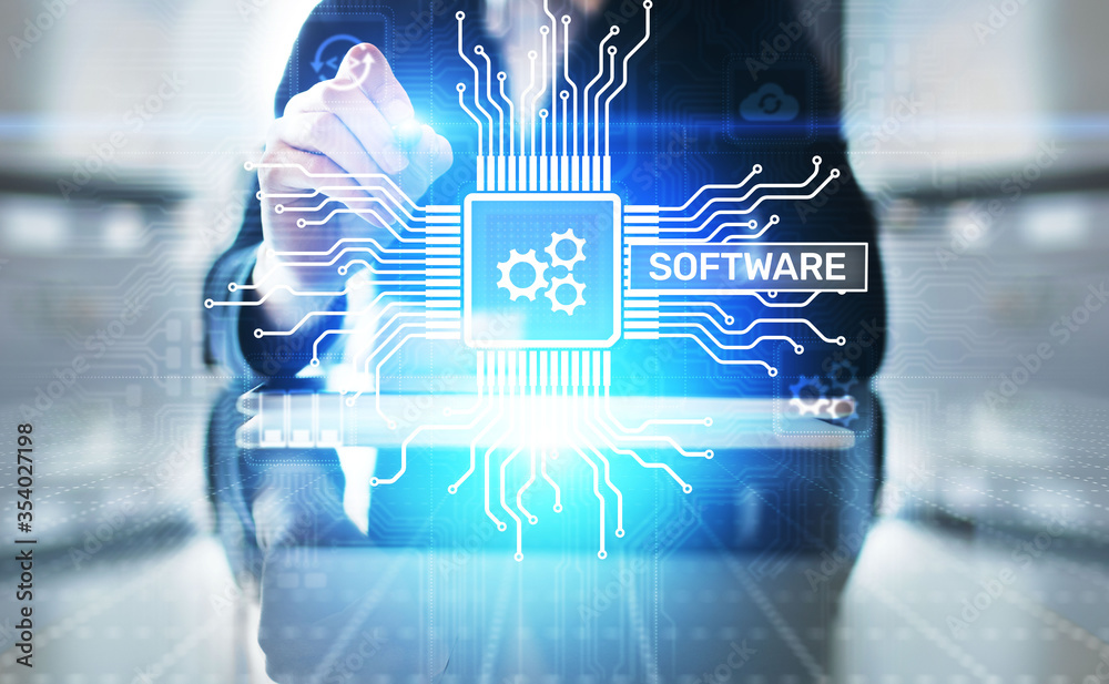 Wall mural software development and business process automation, internet and technology concept on virtual scr