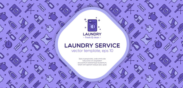 Laundry banner template with logo badge and outline pattern in square form. Card flyer poster illustration with your text for laundry, dry cleaning, housekeeping services. Home appliance.