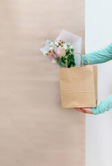 Worker flower pink delivery service packing bag box apron packer shipping open online