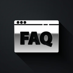 Silver Browser FAQ icon isolated on black background. Internet communication protocol. Long shadow style. Vector Illustration.