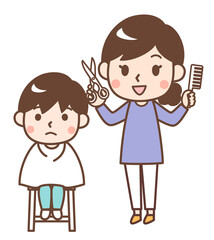セルフカット　子供の髪を切るお母さん