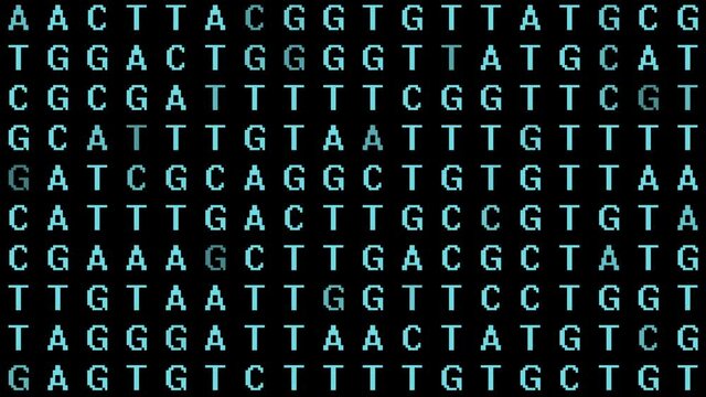 Bioinformatics Genetic DNA Code AGTC into Computer Code - DNA Genome Sequencing Letters Fade to 1s and 0s