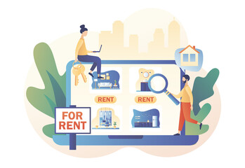 Fototapeta premium House for rent. Real estate business concept with houses. Tiny real estate agent or broker looking for house in website. Modern flat cartoon style. Vector illustration on white background