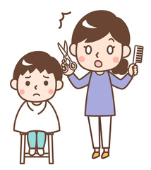 セルフカット　子供の髪を切るお母さん　失敗