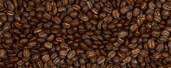 Caffeine, raw and agriculture concept - Banner of close up roasted coffee beans background.