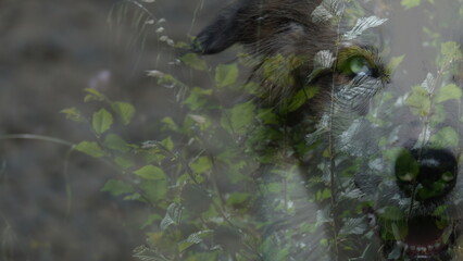 Obraz premium Fotografía abstracta de doble exposición con perro blanco y hojas de fondo