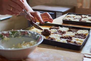 home baking,woman lays in the form of metal dough and poppy seeds for the cake