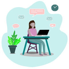 The business woman is working with laptop at home.Home office in Covid-19 crisis,Home office concept.Vector flat style illustration.