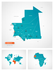 Editable template of map of Mauritania with marks. Mauritania on world map and on Africa map.