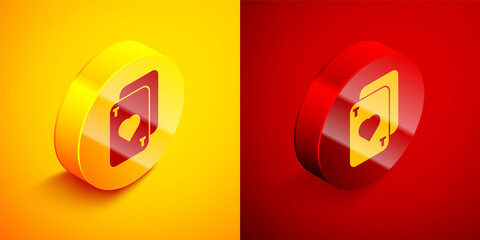 Isometric Playing cards icon isolated on orange and red background. Casino gambling. Circle button. Vector Illustration.