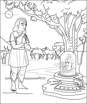 Devotee Worshiping Lord Shiva - Vector line art