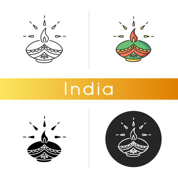 Diwali festival icon. Hindu festival of Lights. Traditional diya. Indian holiday. Clay oil lamp. Event in honor of Rama-chandra. Linear black and RGB color styles. Isolated vector illustrations