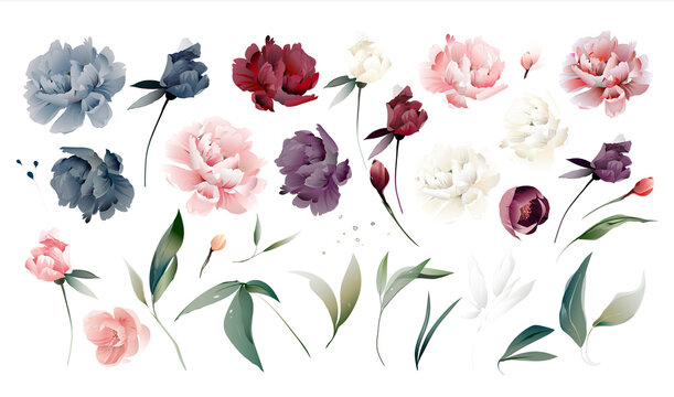 Set flowers peonies, leaves. Wedding concept. Floral poster Vector burgundy, pink, blue peony, watercolor  design