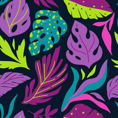Fototapeta na wymiar vector seamless pattern with tropical leaves. summer colorful design