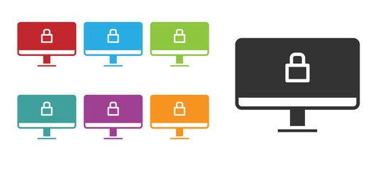 Black Lock on computer monitor screen icon isolated on white background. Security, safety, protection concept. Safe internetwork. Set icons colorful. Vector Illustration.