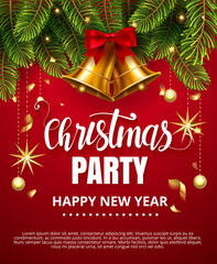 Fototapeta na wymiar Vector stock Christmas Party Happy New Year traditional classic design template. Jingle golden bells with ribbon bow, christmas ball, stars, fir tree branches isolated on red Vector illustration EPS10